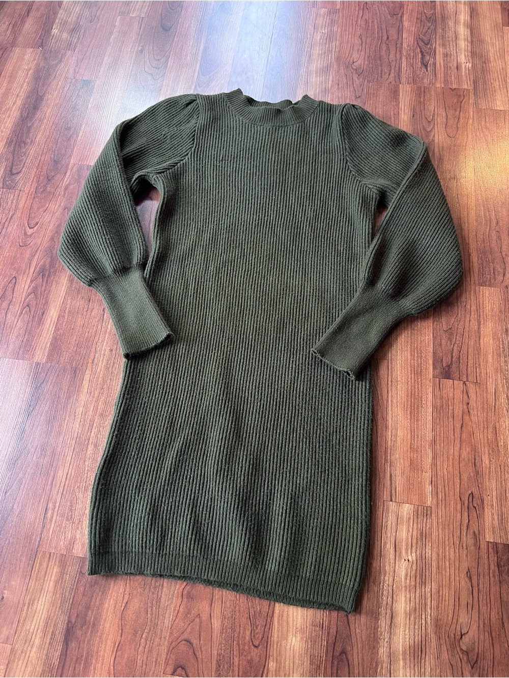 Lulus Loving You Fondly Olive Green Ribbed Knit Balloon Sleeve Sweater Dress M